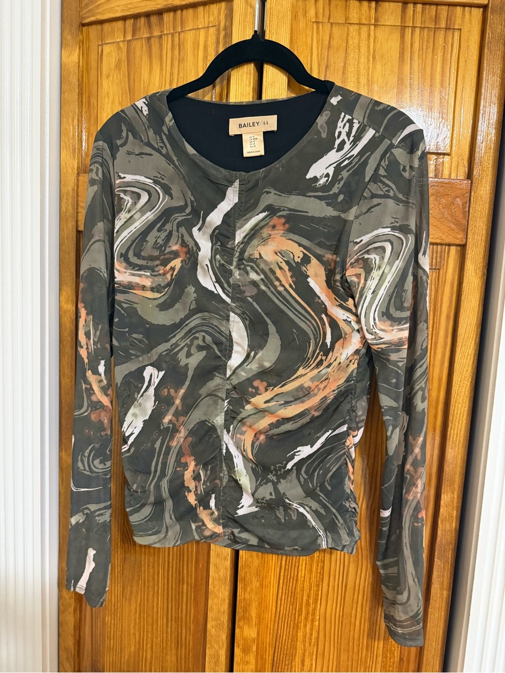 Bailey 44 Olive Marble-Print Long Sleeve Top with Peach and White Accents